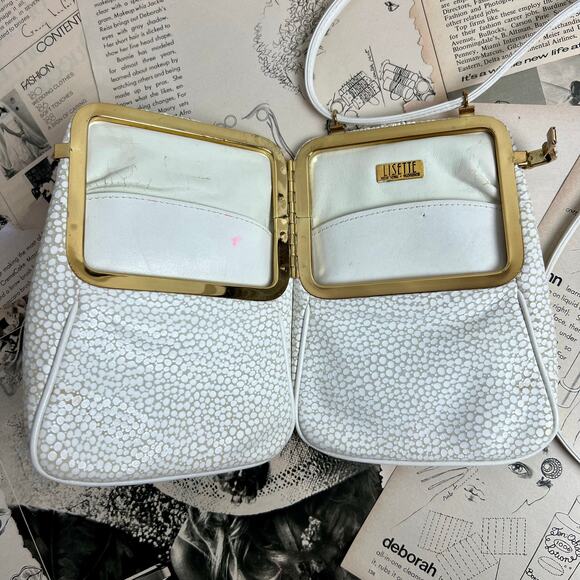 Vintage 50s Lisette White Leather Crossbody Purse - Small Structured Bag - Picture 5 of 11